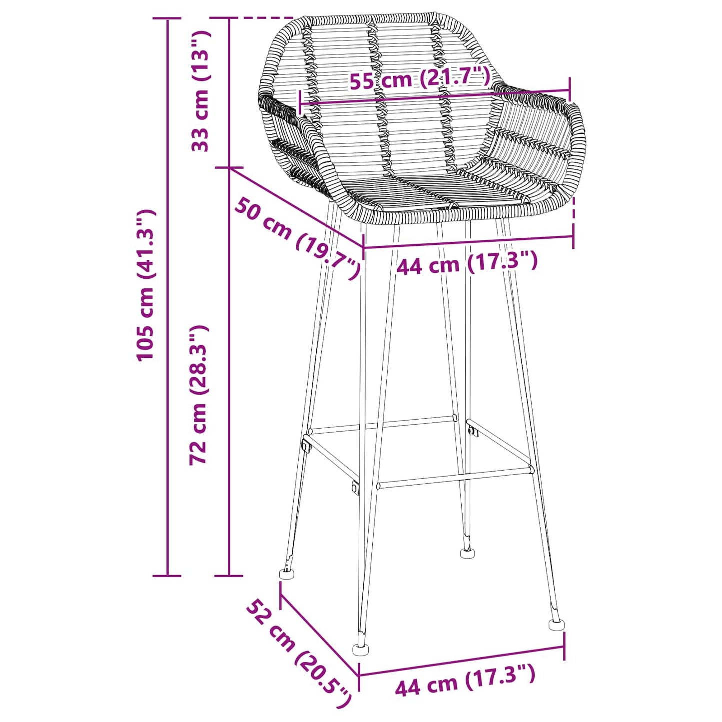 vidaXL Καρέκλα Μπαρ 2 pcs Μαύρο 55 x 52 x 105 εκ Καλάμι και Σίδερο