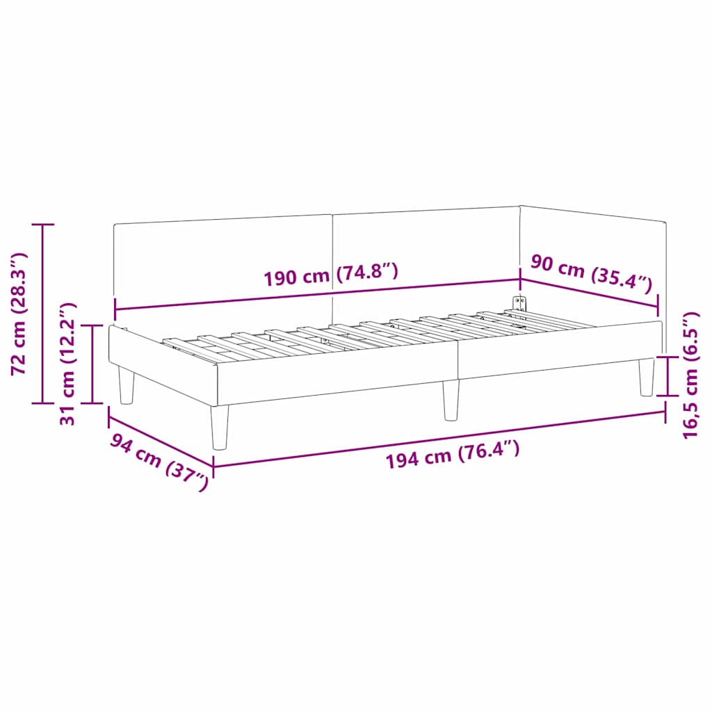 vidaXL Κρεβάτι Γωνίας Μαύρο 90 x 190 cm Βελούδο και Εργοστασιακό ξύλο