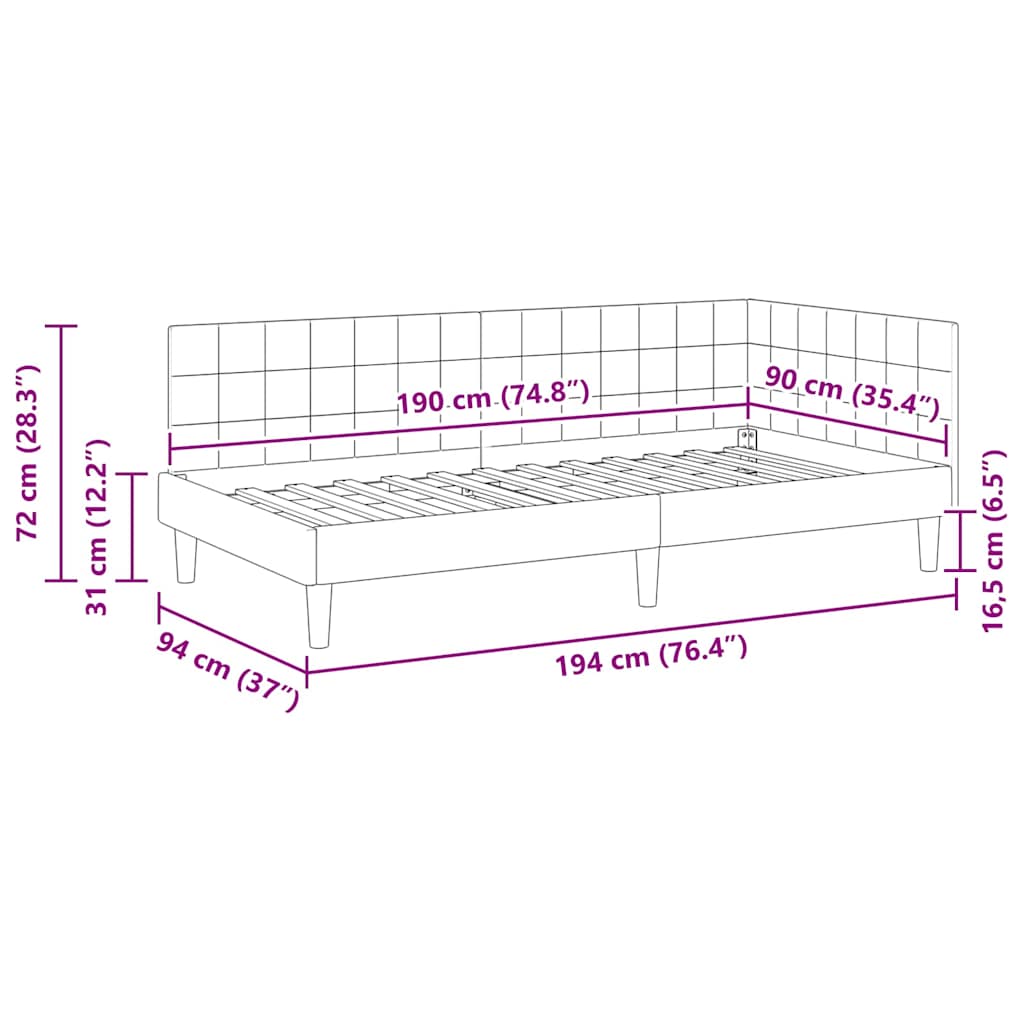 vidaXL Κρεβάτι Γωνίας με κεφαλάρι Μπορντό 90 x 190 cm Βελούδο