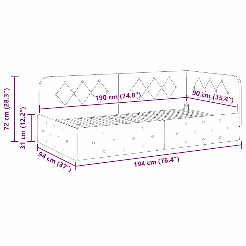 vidaXL Κρεβάτι Γωνίας Σκούρο Γκρι 90 x 190 cm Βελούδο