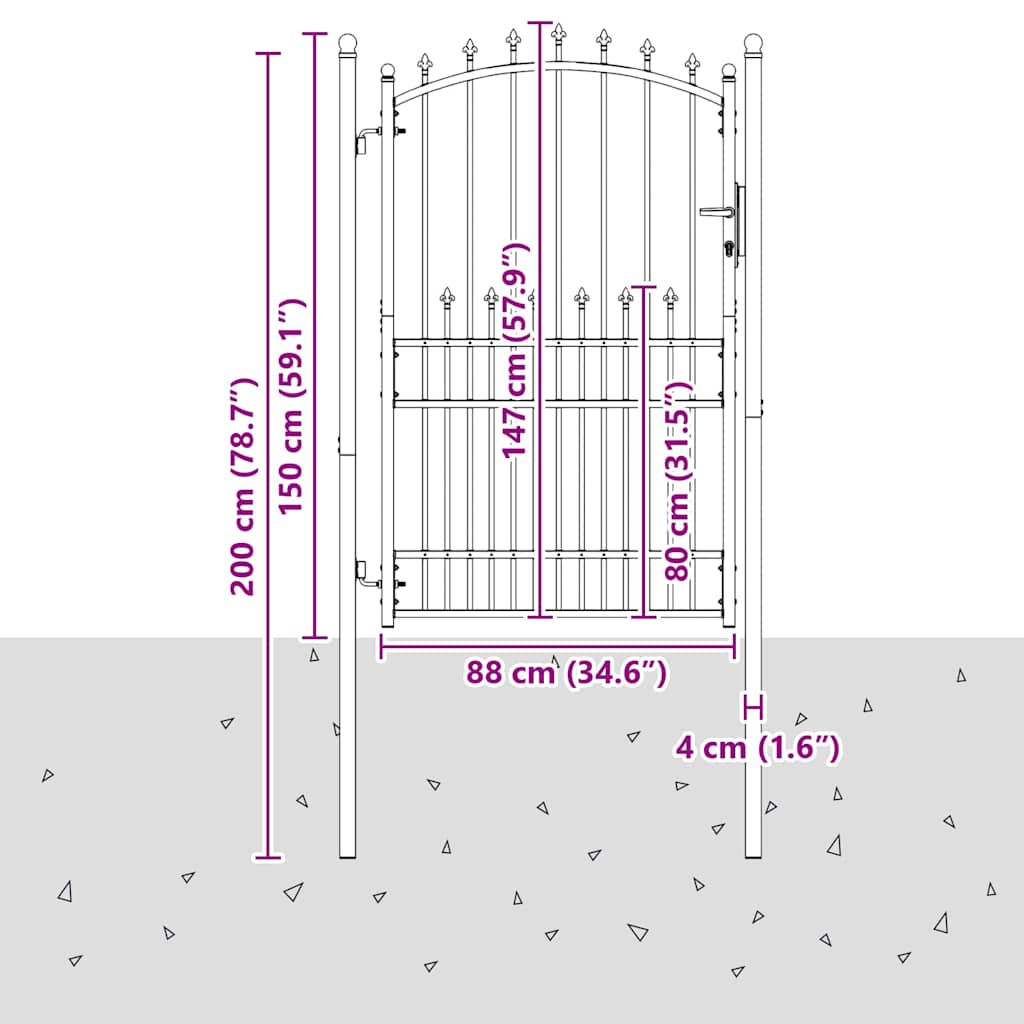 vidaXL Πύλη Φράχτη με Ακίδες με κλειδαριά Γκρι 200 x 100 cm