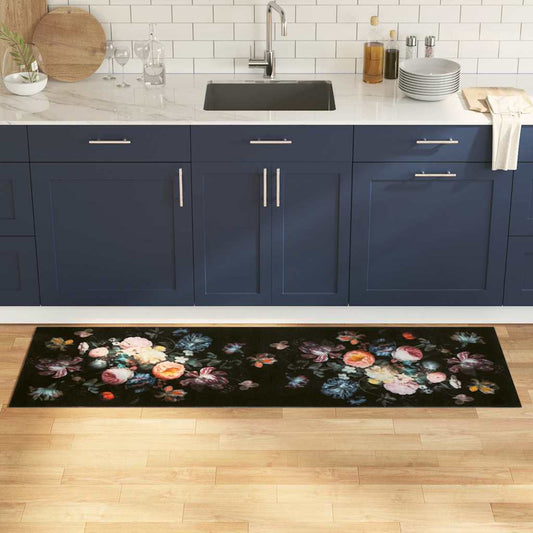 vidaXL Χαλί Κουζίνας Floral Μαύρο 180 x 60 cm Βελούδο