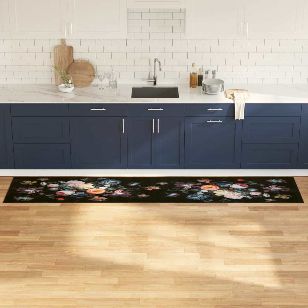 vidaXL Χαλί Κουζίνας Floral Μαύρο 300 x 60 εκ Βελούδο