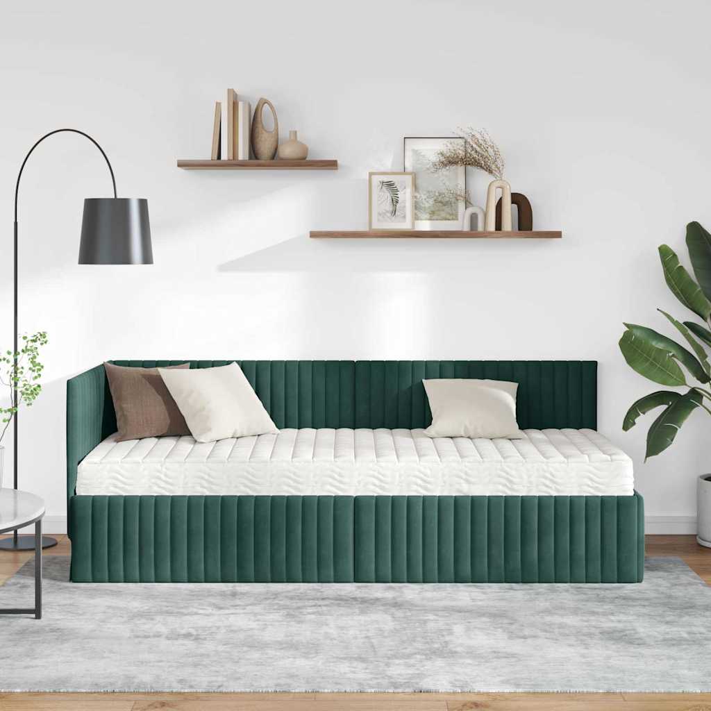 vidaXL Κρεβάτι γωνίας με στρώμα με κεφαλάρι 2 pcs Πράσινο Βελούδο