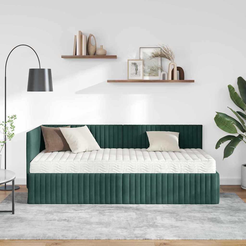 vidaXL Κρεβάτι γωνίας με στρώμα με κεφαλάρι 2 pcs Πράσινο Βελούδο