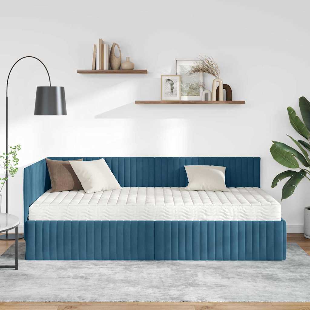 vidaXL Κρεβάτι γωνίας με στρώμα με κεφαλάρι 2 pcs Μπλε Βελούδο