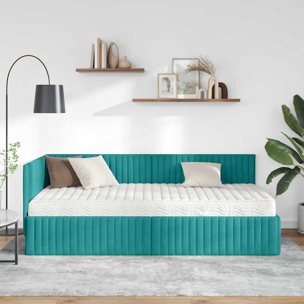 vidaXL Κρεβάτι γωνίας με στρώμα με κεφαλάρι 2 pcs Τιρκουάζ Βελούδο