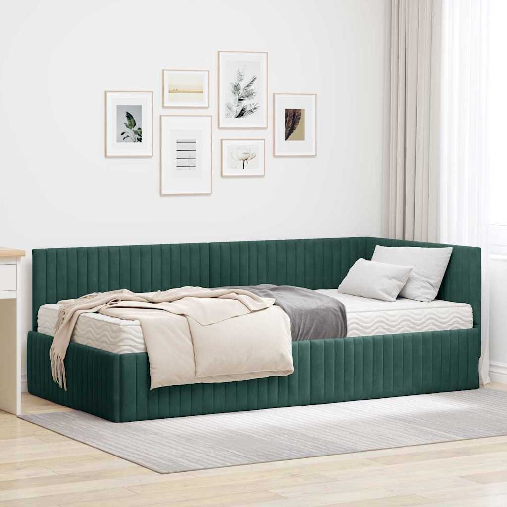vidaXL Κρεβάτι γωνίας με στρώμα με κεφαλάρι 2 pcs Πράσινο Βελούδο