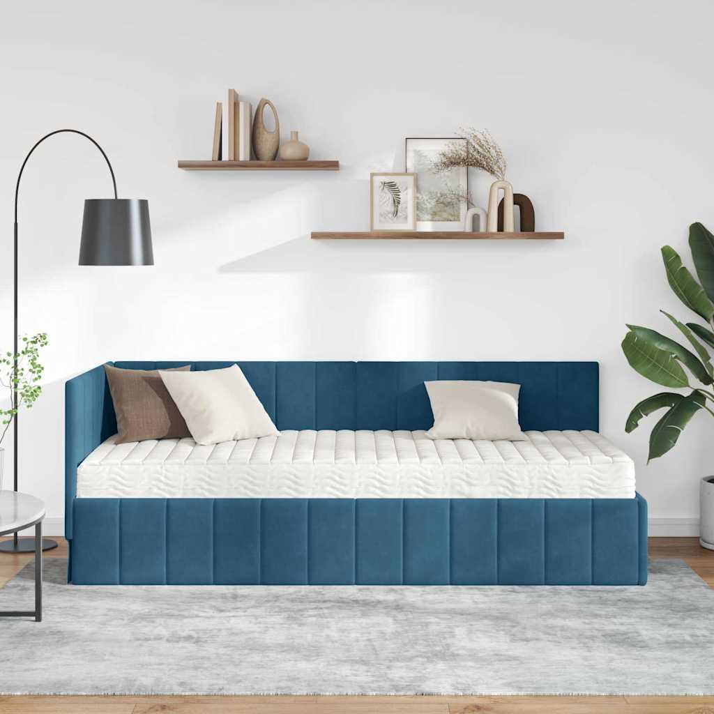 vidaXL Κρεβάτι γωνίας με στρώμα με κεφαλάρι 2 pcs Μπλε Βελούδο