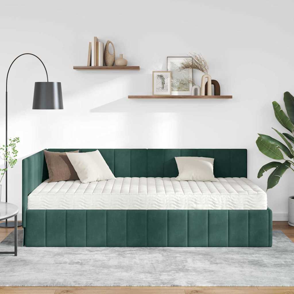 vidaXL Κρεβάτι γωνίας με στρώμα με κεφαλάρι 2 pcs Πράσινο Βελούδο