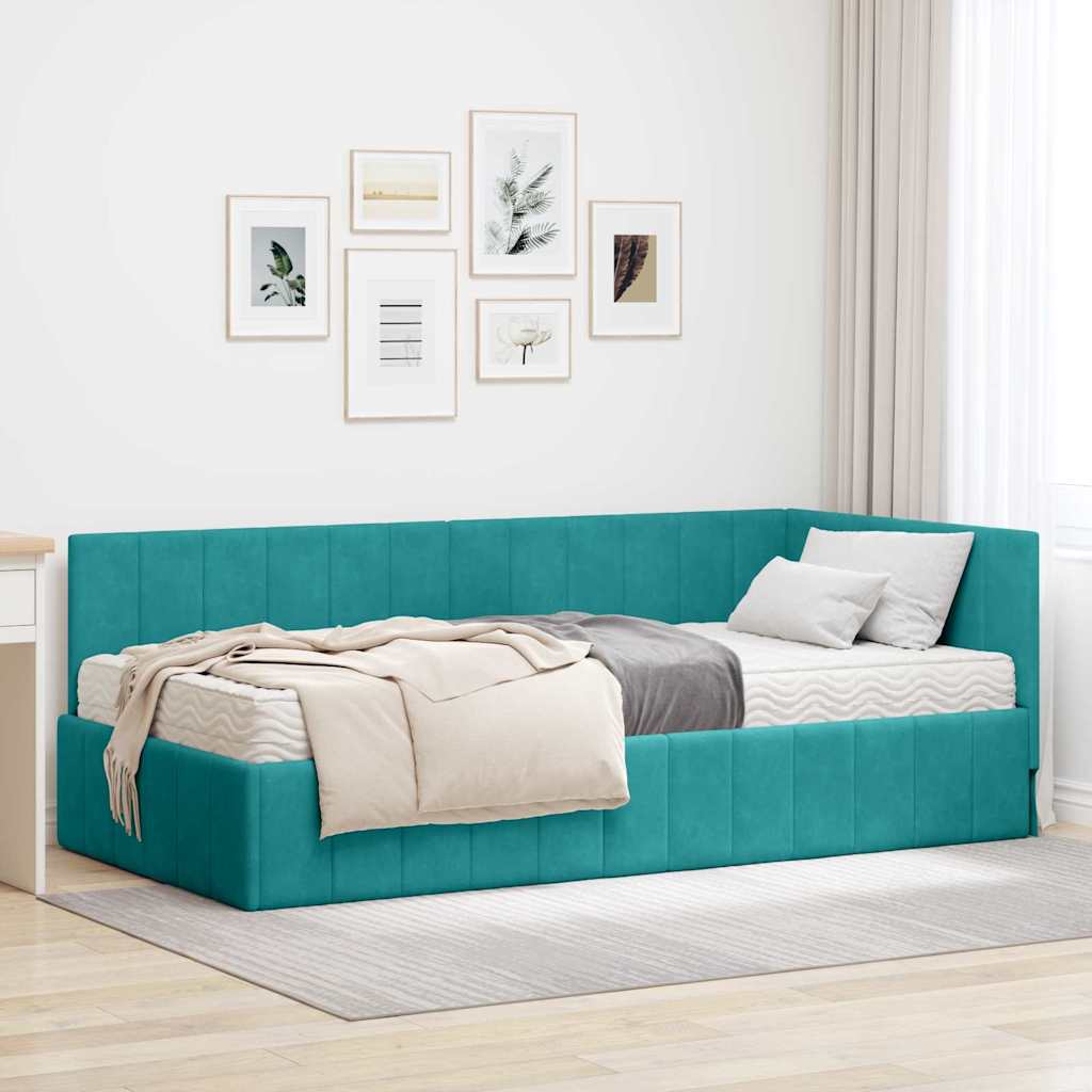 vidaXL Κρεβάτι γωνίας με στρώμα με κεφαλάρι 2 pcs Τιρκουάζ Βελούδο