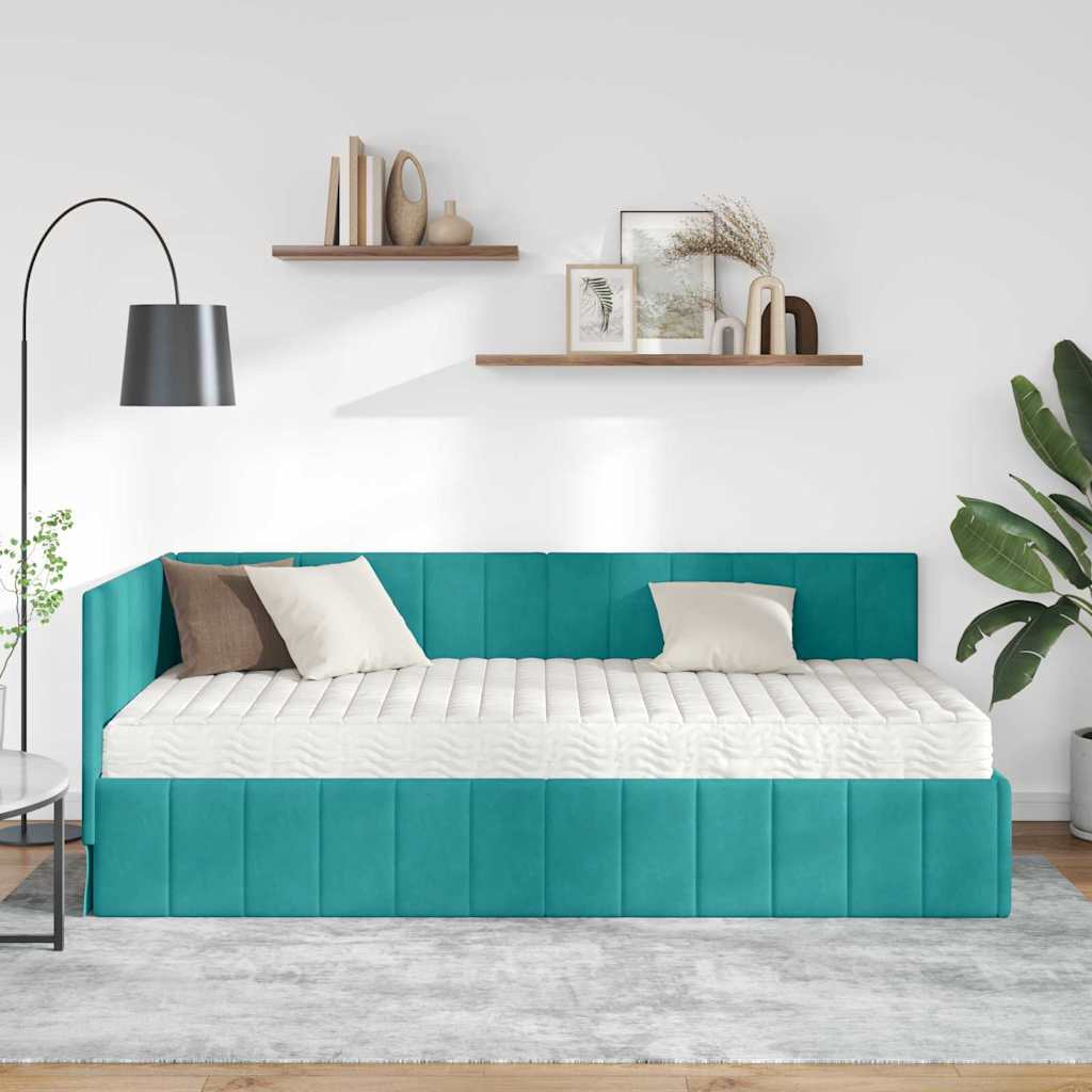 vidaXL Κρεβάτι γωνίας με στρώμα με κεφαλάρι 2 pcs Τιρκουάζ Βελούδο