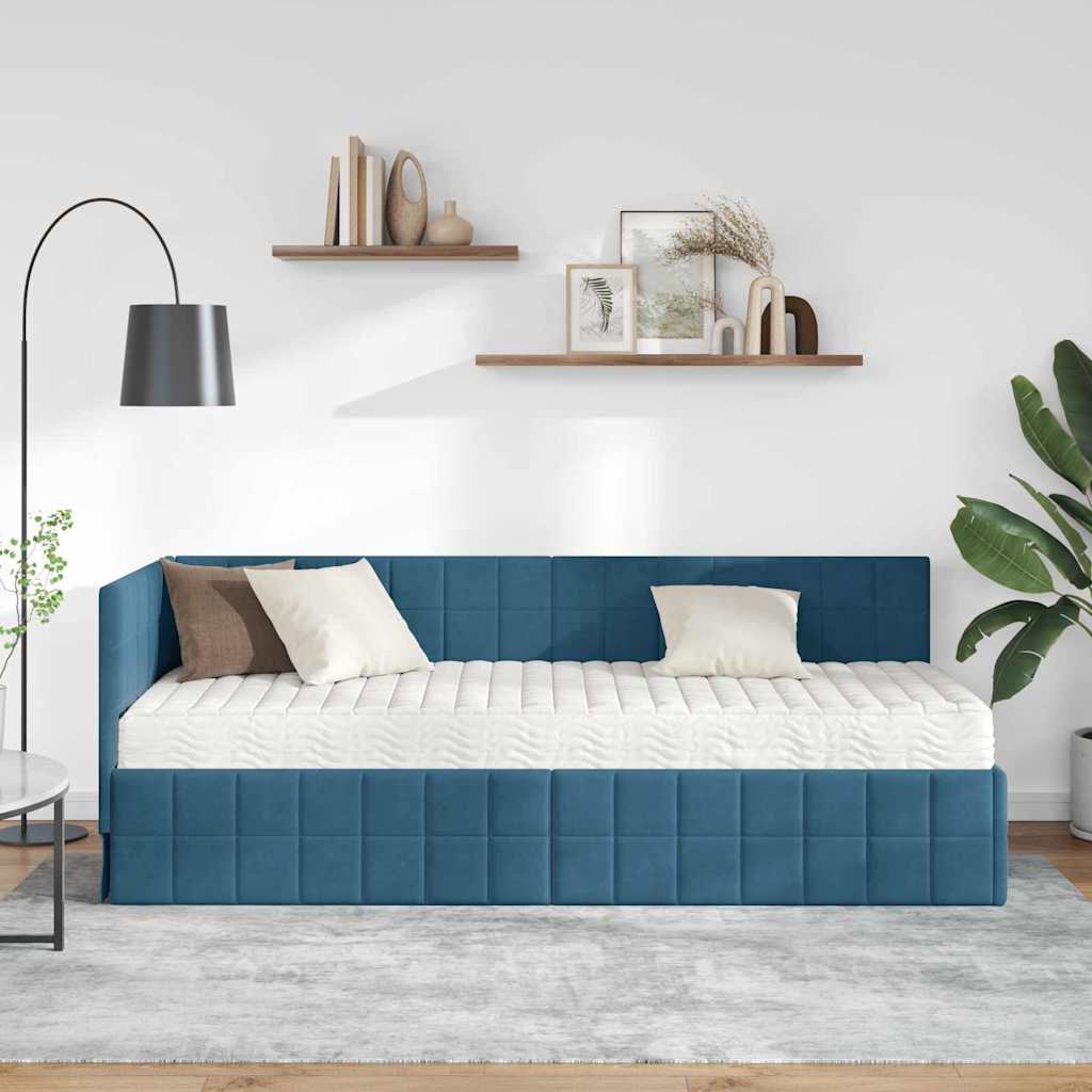 vidaXL Κρεβάτι γωνίας με στρώμα με κεφαλάρι 2 pcs Μπλε Βελούδο