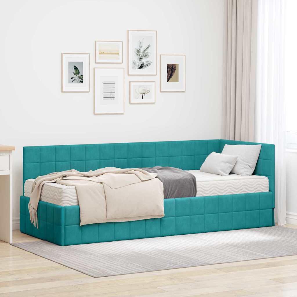vidaXL Κρεβάτι γωνίας με στρώμα με κεφαλάρι 2 pcs Τιρκουάζ Βελούδο
