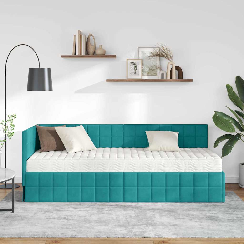 vidaXL Κρεβάτι γωνίας με στρώμα με κεφαλάρι 2 pcs Τιρκουάζ Βελούδο