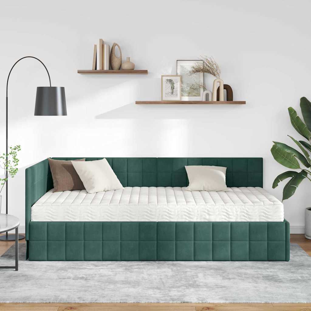 vidaXL Κρεβάτι γωνίας με στρώμα με κεφαλάρι 2 pcs Πράσινο Βελούδο