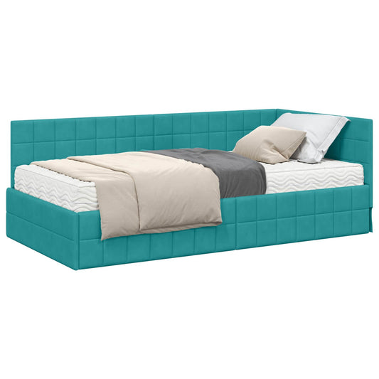 vidaXL Κρεβάτι γωνίας με στρώμα με κεφαλάρι 2 pcs Τιρκουάζ Βελούδο