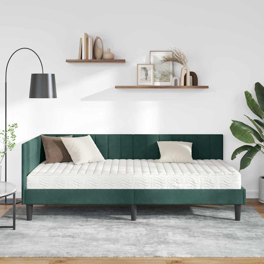 vidaXL Κρεβάτι γωνίας με στρώμα με κεφαλάρι 2 pcs Πράσινο Βελούδο