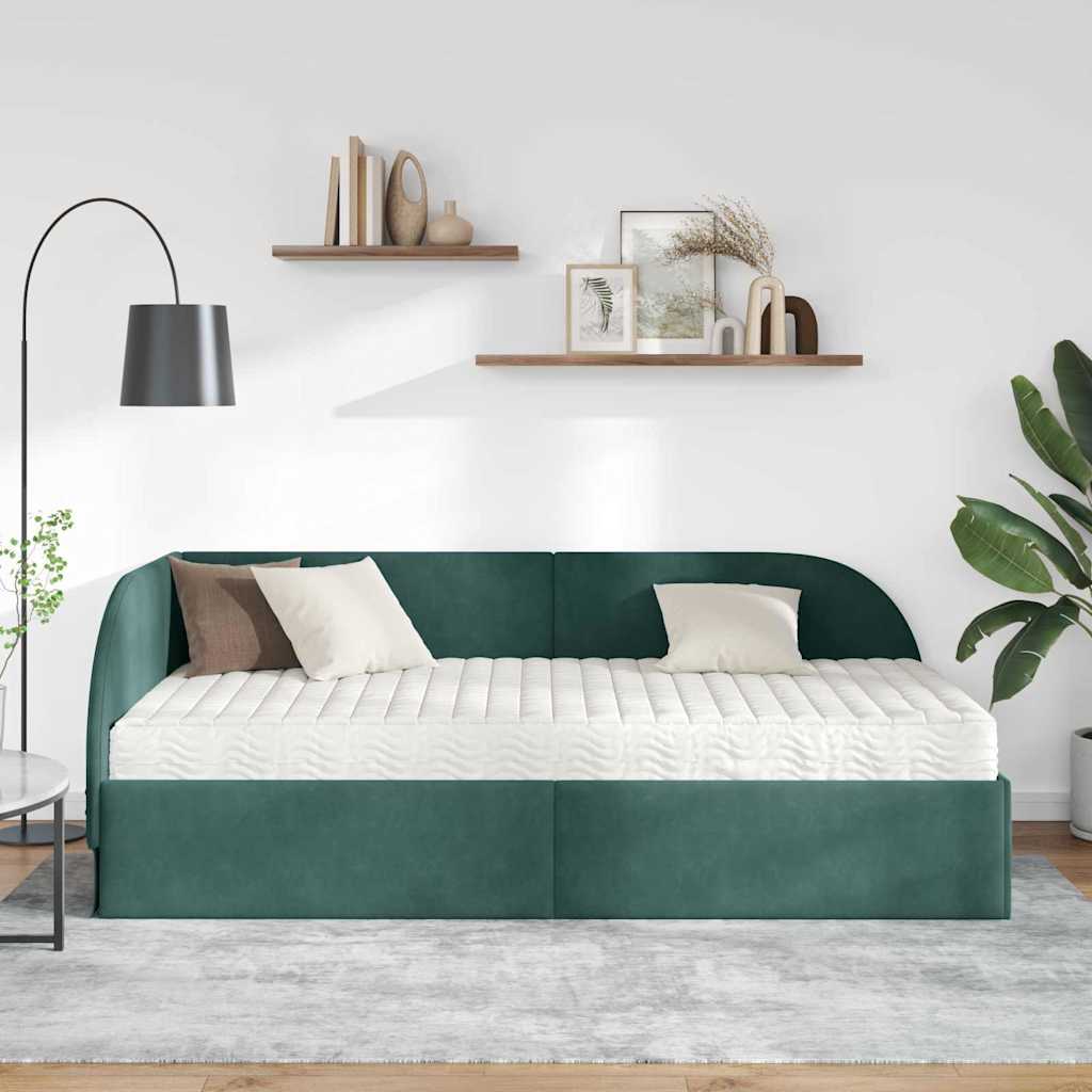 vidaXL Κρεβάτι γωνίας με στρώμα με κεφαλάρι 2 pcs Πράσινο Βελούδο