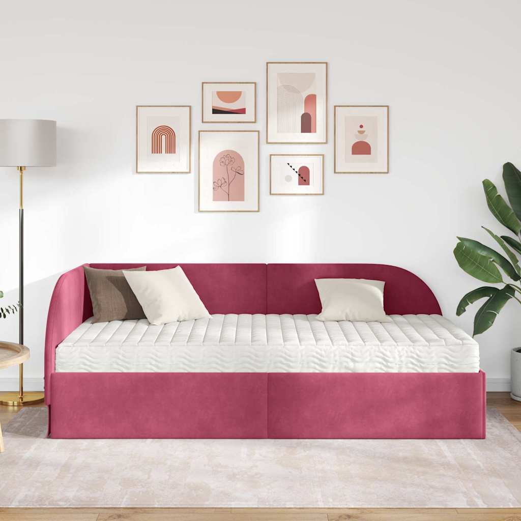 vidaXL Κρεβάτι γωνίας με στρώμα με κεφαλάρι 2 pcs Κόκκινο Βελούδο