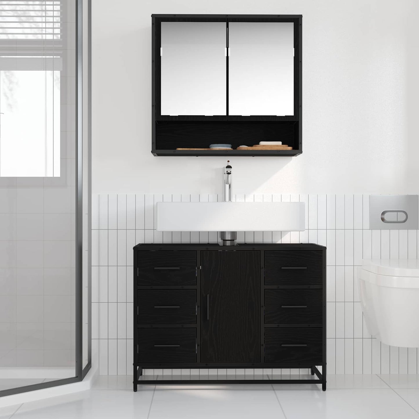 vidaXL Ντουλάπι Μπάνιου Μαύρη Οξυά 80 x 33 x 60 εκ Επεξεργασμένο Ξύλο