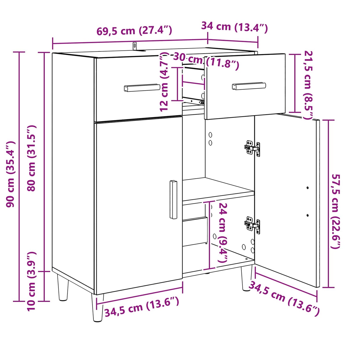 vidaXL Πλαϊνό γραφείο με συρτάρι artisan δρυς 34 x 69.5 x 89 εκ