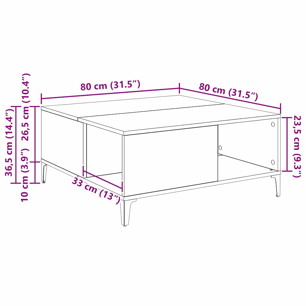 vidaXL Τραπεζάκι σαλονιού Παλιό Ξύλο 80 x 80 x 36,5 εκ