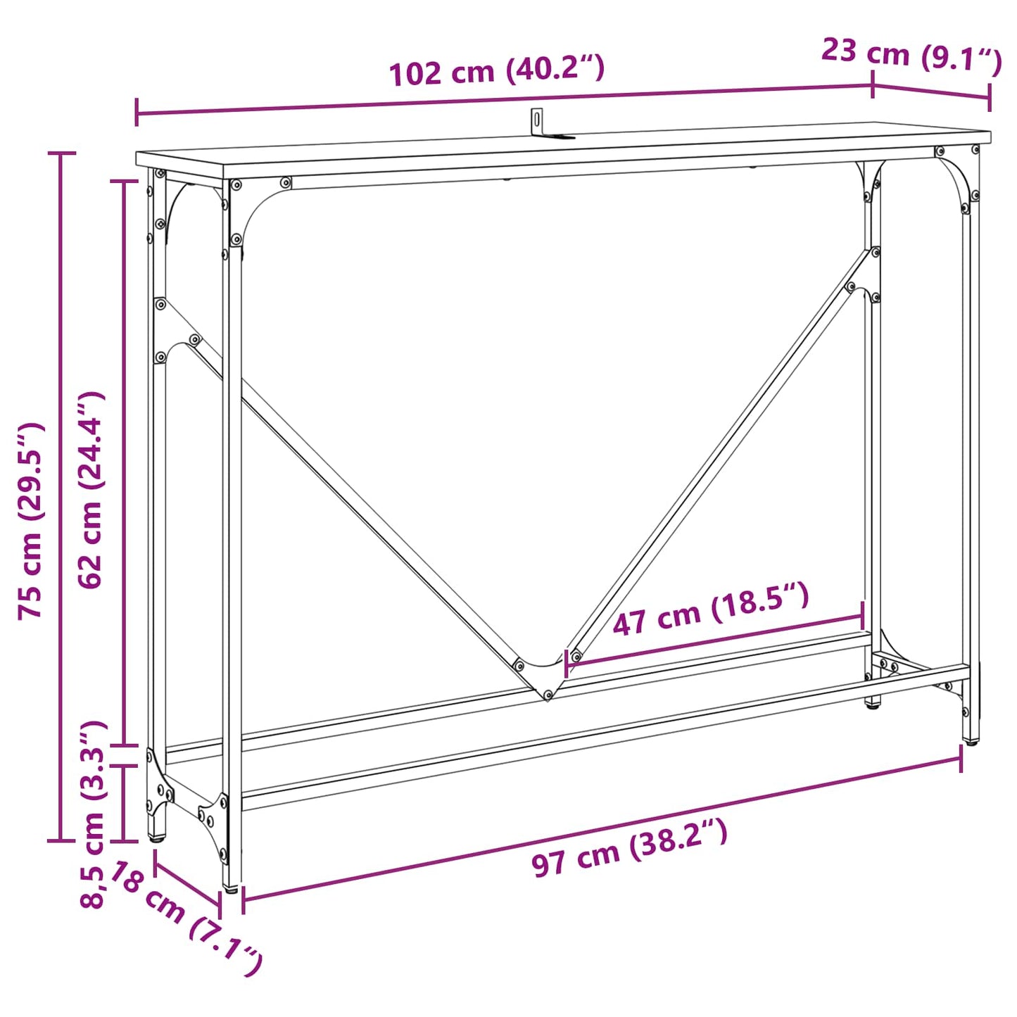 vidaXL Τραπέζι κονσόλας Μαύρη Οξυά 102 x 23 x 75 εκ Επεξεργασμένο ξύλο