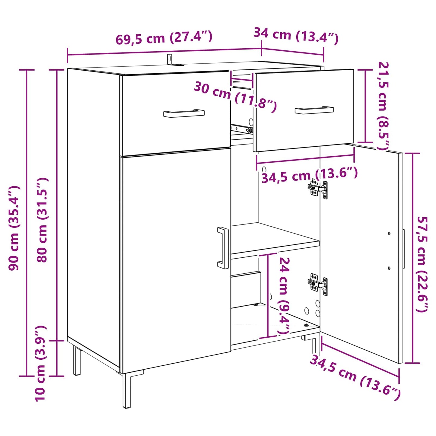 vidaXL Πλαϊνό γραφείο Παλιό ξύλο 69,5 x 34 x 90 εκ. Επεξεργασμένο ξύλο