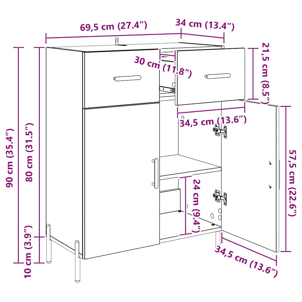 vidaXL Πλαϊνό γραφείο Παλιό Ξύλο 69,5 x 34 x 90 εκ. Επεξεργασμένο ξύλο
