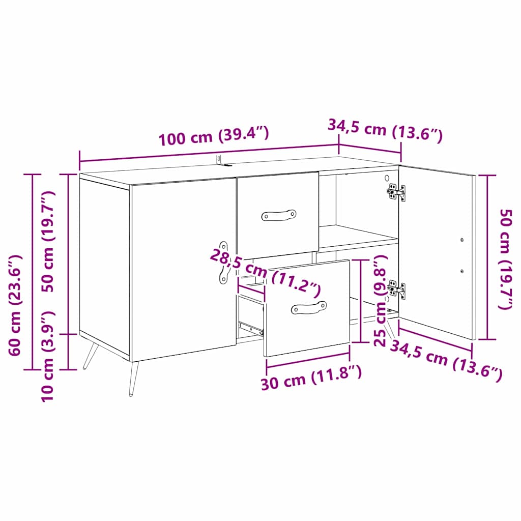 vidaXL Πλαϊνό γραφείο Μαύρη Οξυά 100 x 36 x 60 εκ. Επεξεργασμένο ξύλο