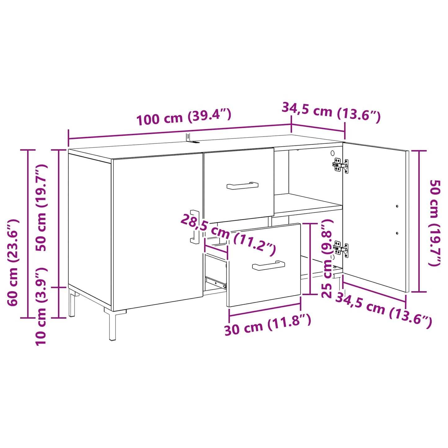 vidaXL Πλαϊνό γραφείο Μαύρη Οξυά 100 x 36 x 60 εκ. Επεξεργασμένο ξύλο