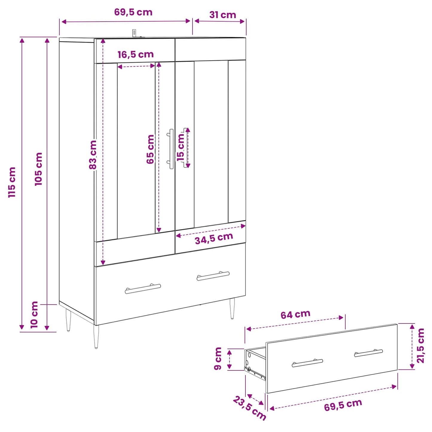 vidaXL Highboard Μαύρη Οξυά 69,5 x 31 x 115 εκ. Σύνθετο Ξύλο και Γυαλί
