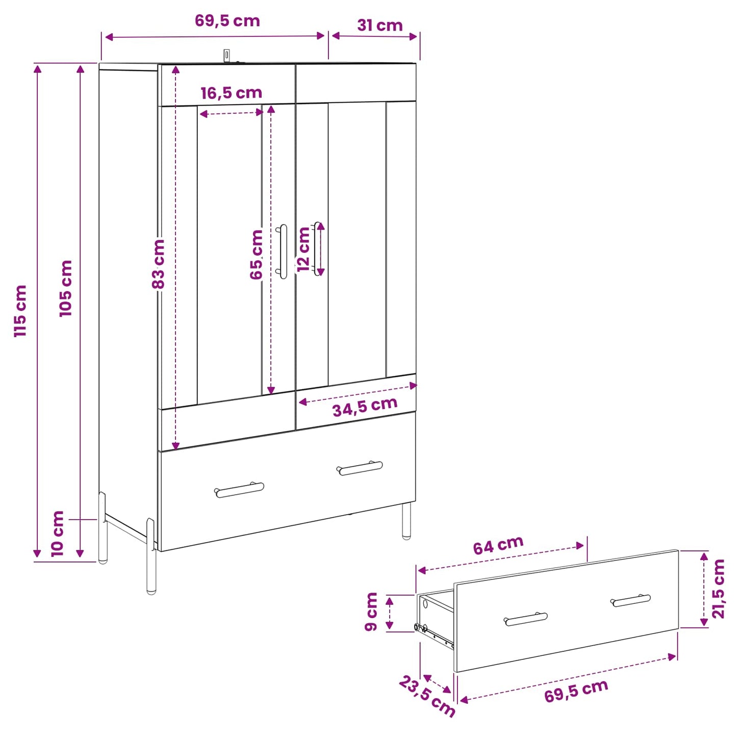 vidaXL Highboard με συρτάρι Corona Μαύρη Οξυά 69,5 x 31 x 115 εκ.