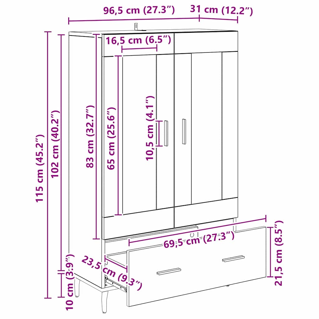 vidaXL Highboard Παλιό Ξύλο 69,5 x 31 x 115 εκ. Επεξεργασμένο ξύλο