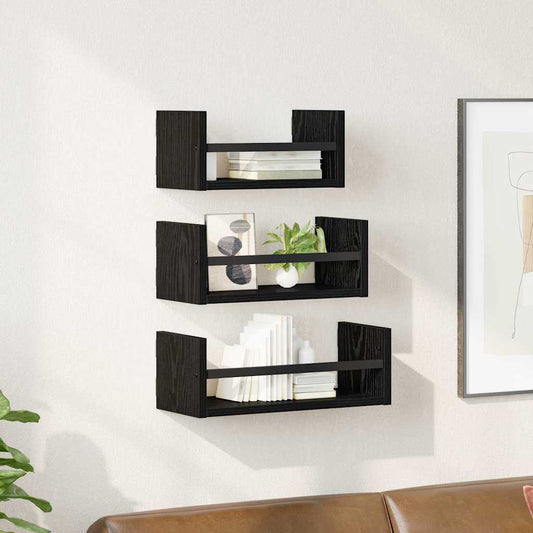 vidaXL Σετ ραφιών τοίχου με ράφι 3 pcs Μαύρη Οξυά 40x16x14εκ.
