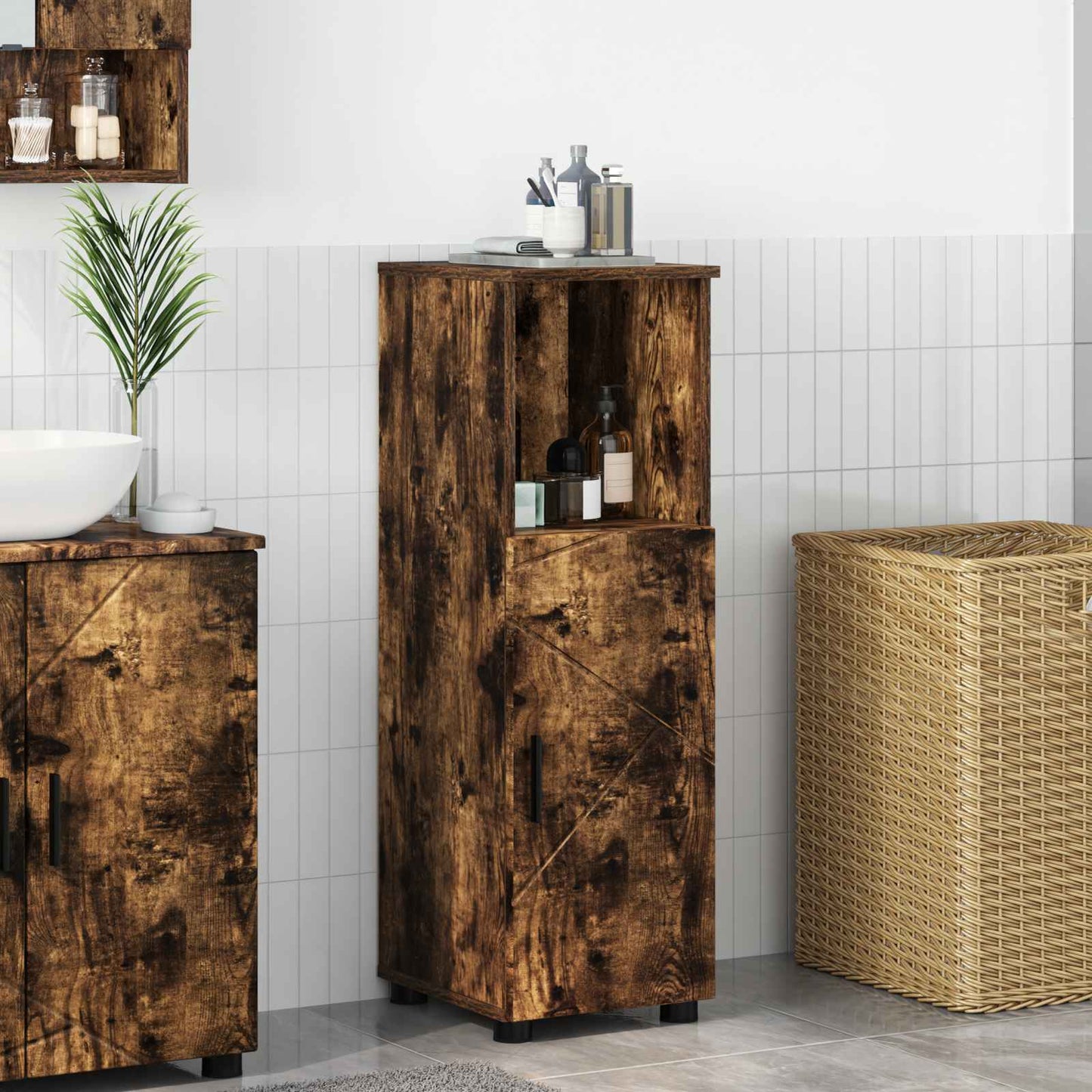 vidaXL Ντουλάπι Μπάνιου Καπνιστό Δρύς 30 x 35 x 95 εκ