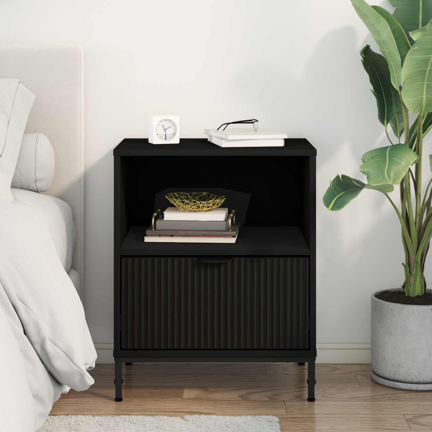 vidaXL Κομοδίνο με συρτάρι Μαύρο 49 x 36 x 61 εκ Επεξεργασμένο ξύλο
