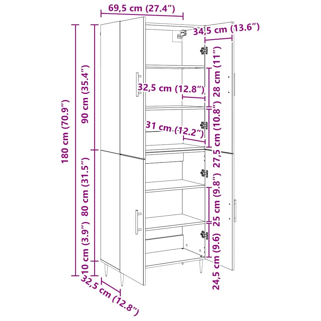 vidaXL Highboard artisan δρυς 69.5 x 34 x 180 εκ. Επεξεργασμένο ξύλο