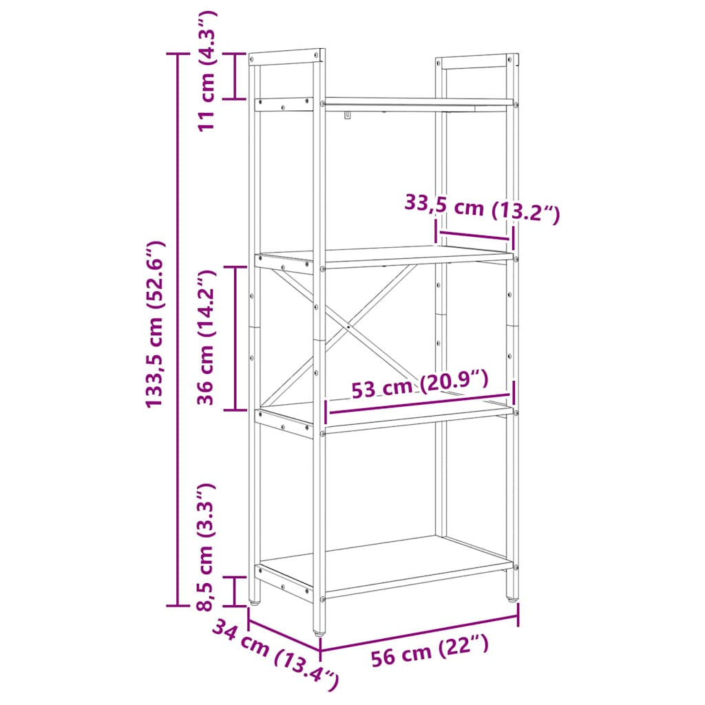 vidaXL Ράφι Βιβλίων Γκρίζο Σονομα 56 x 34 x 133,5 εκ