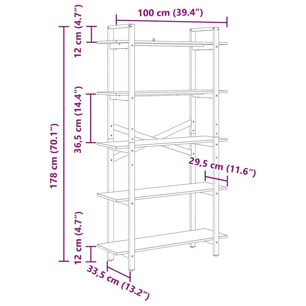 vidaXL Ράφι Βιβλίων Παλιό Ξύλο 100 x 33,5 x 178 εκ Επεξεργασμένο ξύλο