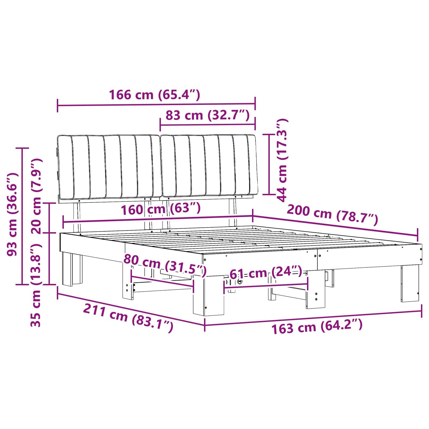 vidaXL Σκελετός Κρεβατιού με Επενδεδυμένο Κεφαλάρι Μαύρο 160 x 200 cm