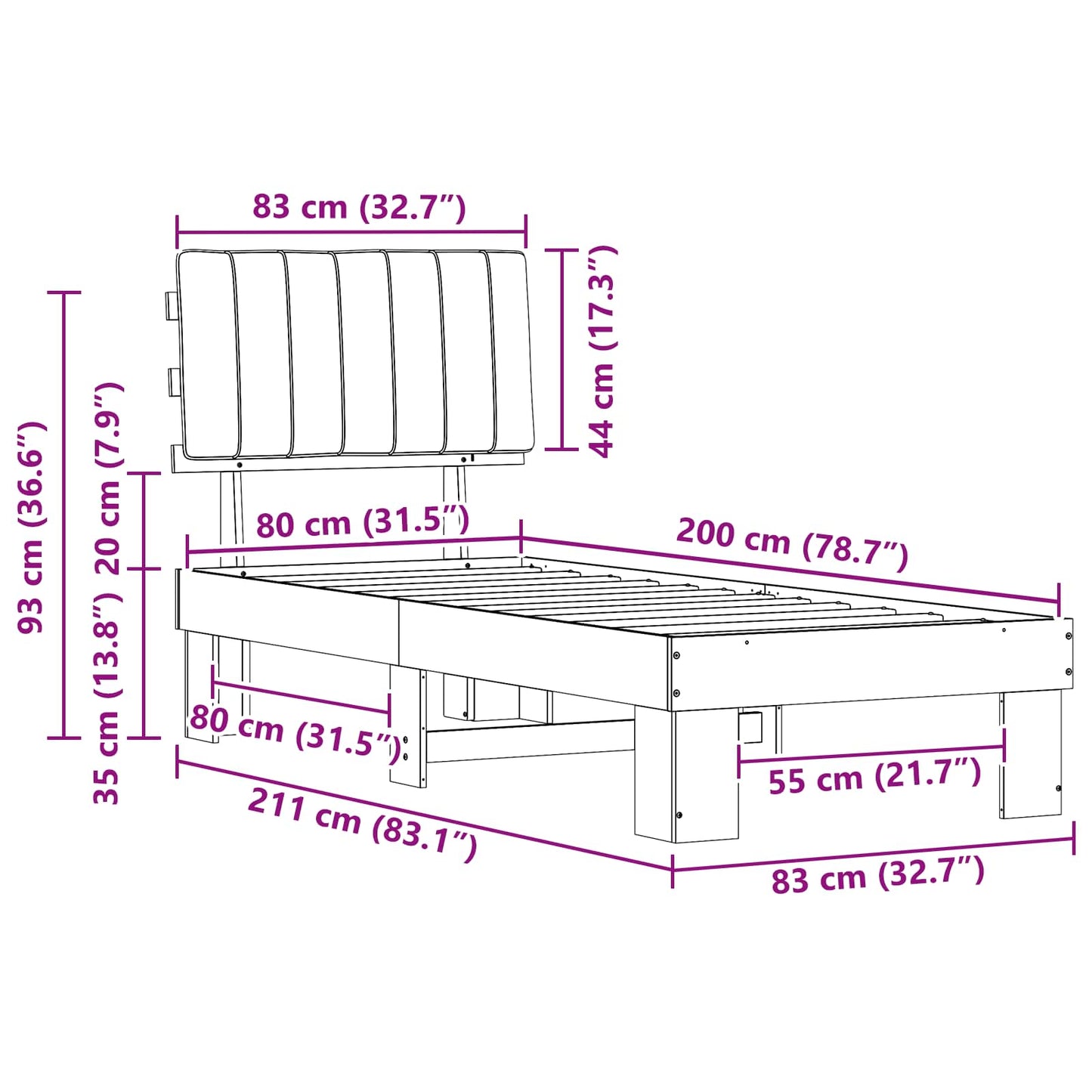vidaXL Σκελετός Κρεβατιού με Επενδεδυμένο Κεφαλάρι Μαύρο 80 x 200 cm