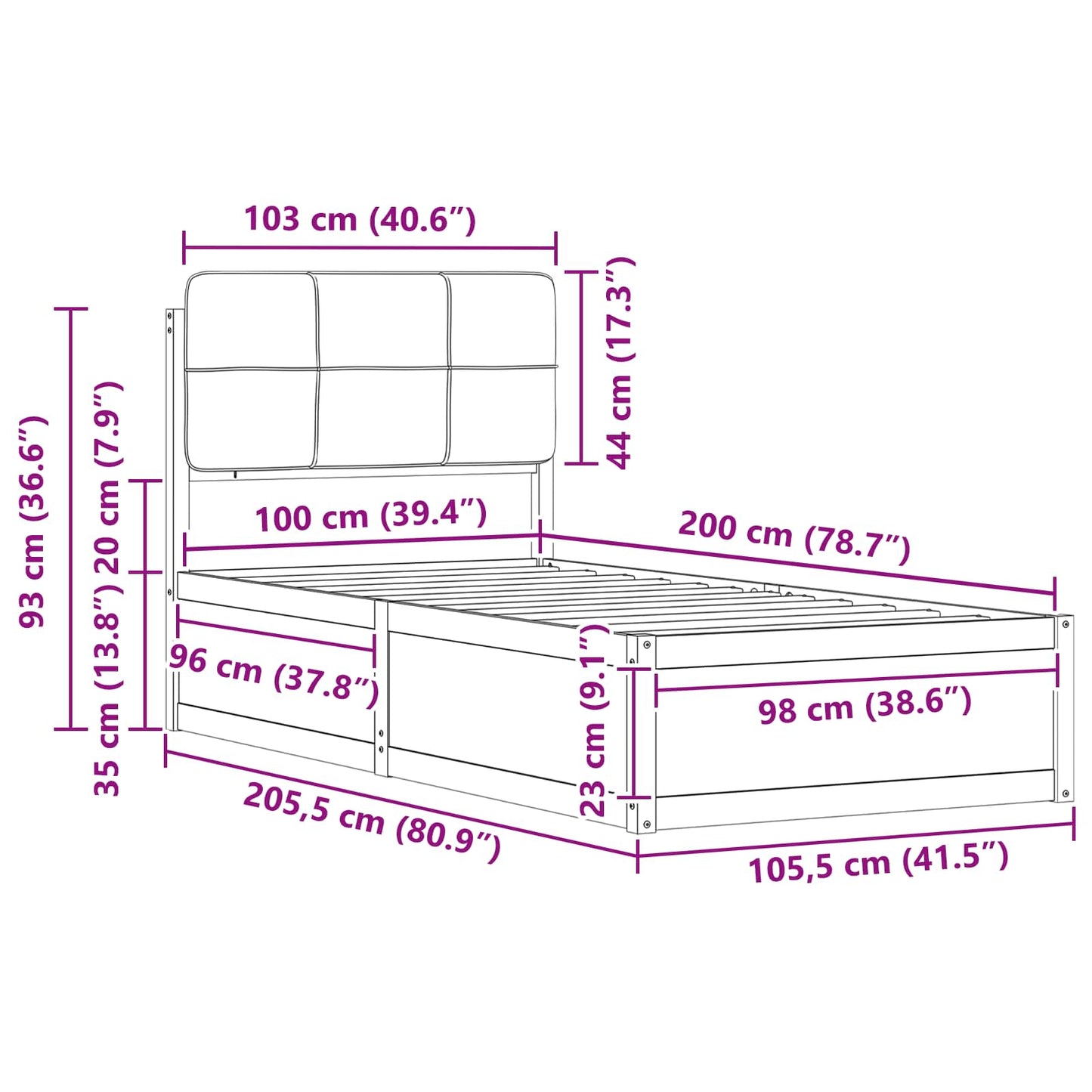 vidaXL Σκελετός Κρεβατιού με Επενδεδυμένο Κεφαλάρι Μαύρο 100 x 200 cm