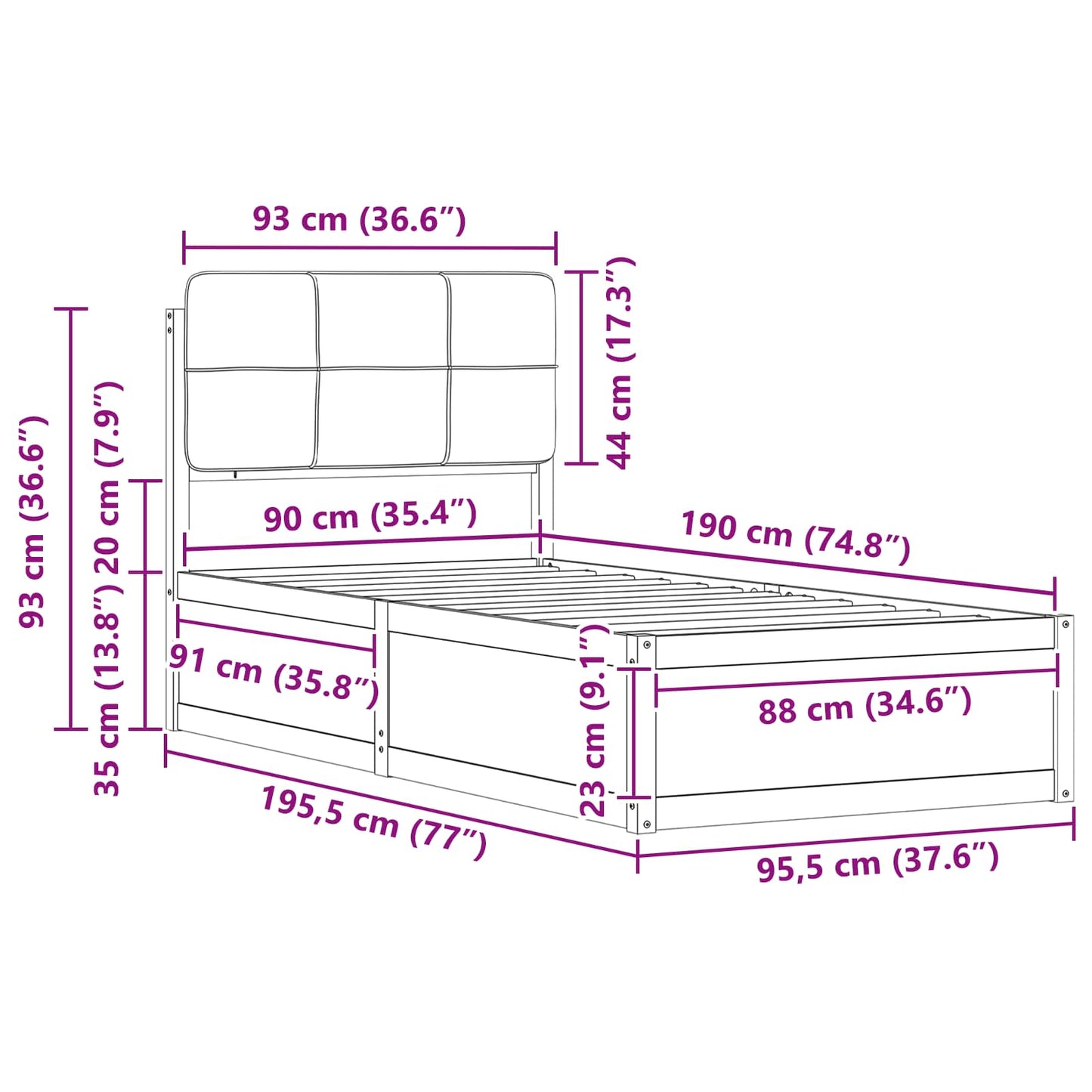 vidaXL Σκελετός Κρεβατιού με Επενδεδυμένο Κεφαλάρι Μαύρο 90 x 190 cm