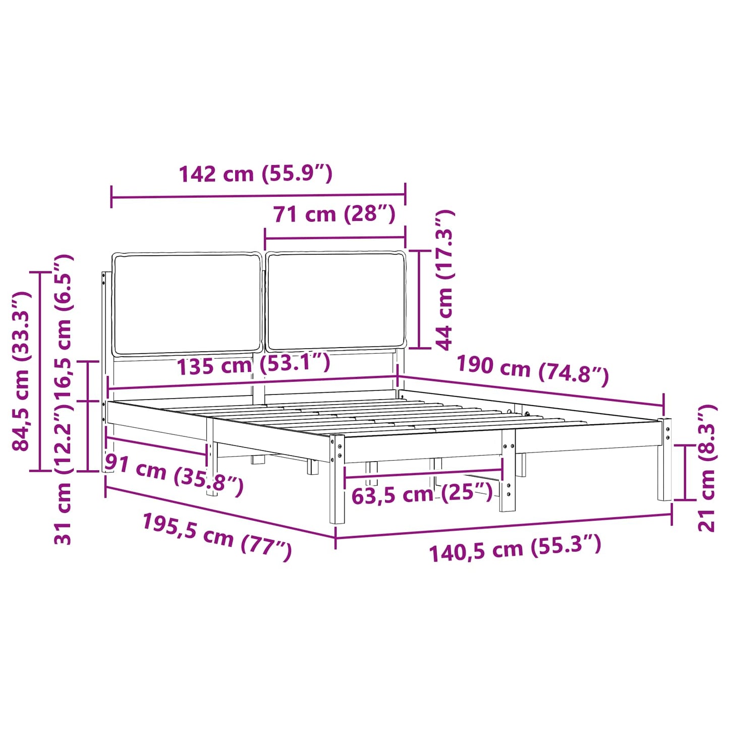vidaXL Σκελετός Κρεβατιού με Επενδεδυμένο Κεφαλάρι Μαύρο 135 x 190 cm