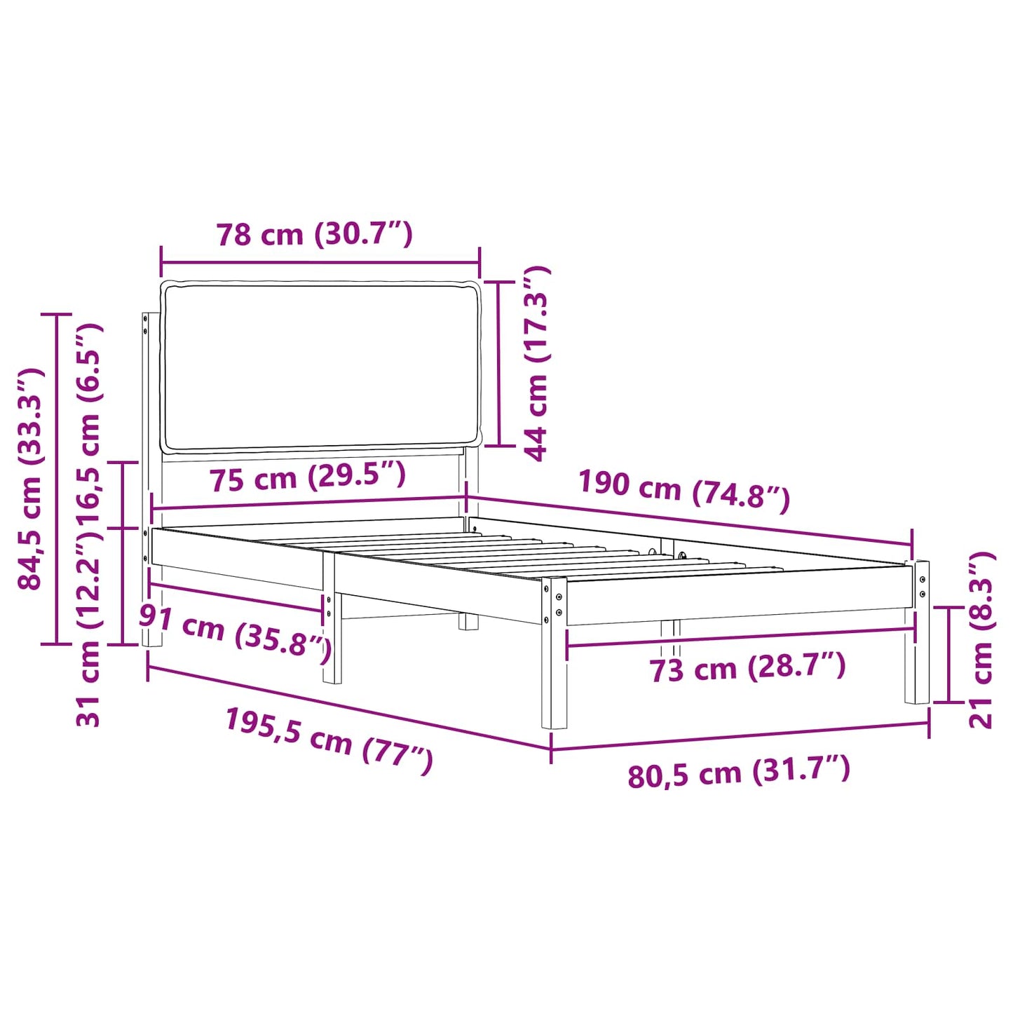 vidaXL Σκελετός Κρεβατιού με Επενδεδυμένο Κεφαλάρι Μαύρο 75 x 190 cm