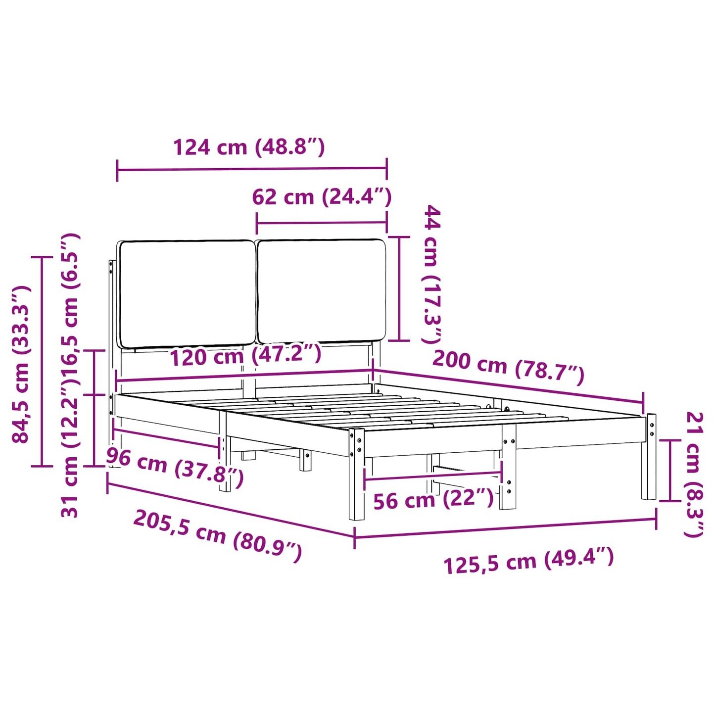 vidaXL Σκελετός Κρεβατιού με Επενδεδυμένο Κεφαλάρι Μαύρο 120 x 200 cm