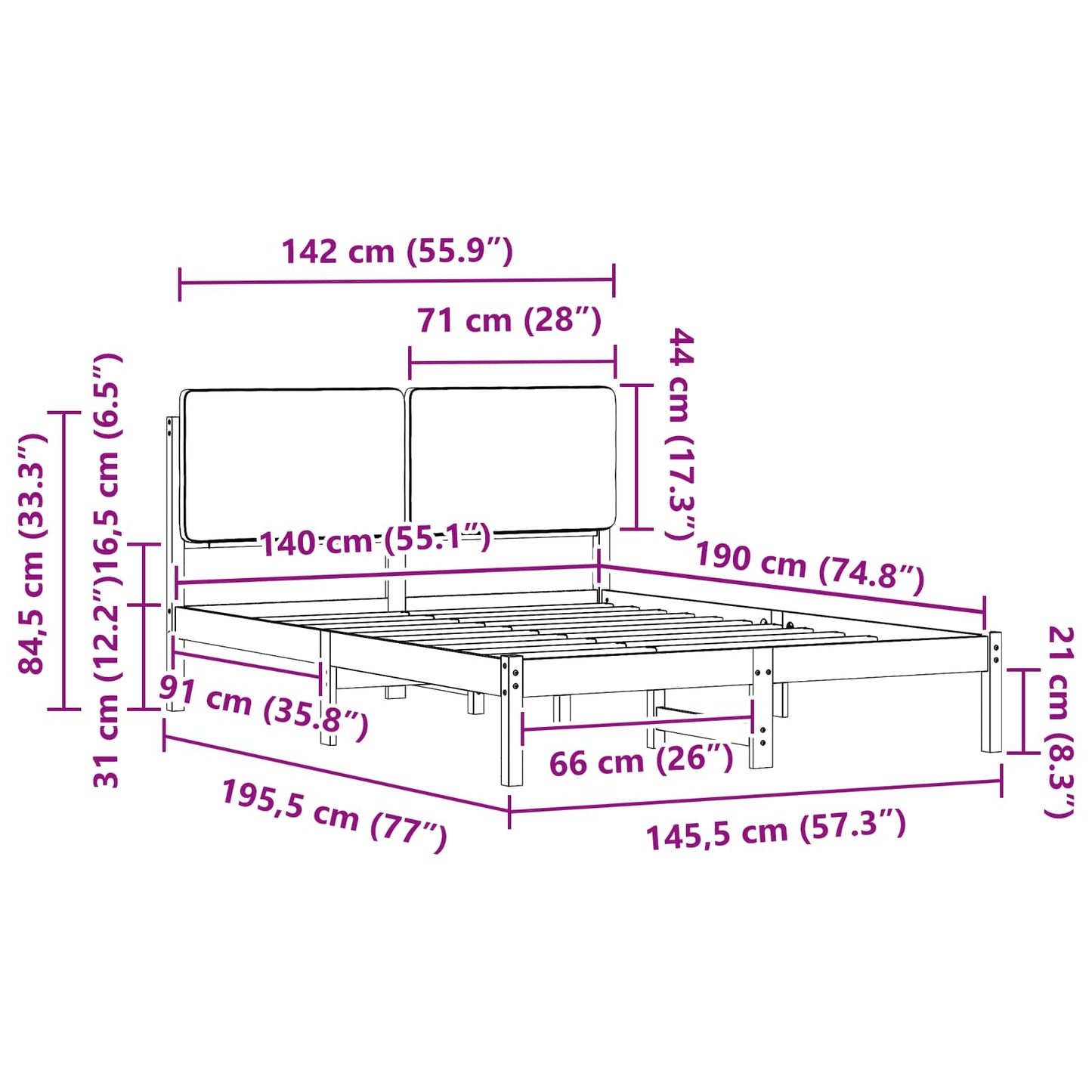 vidaXL Σκελετός Κρεβατιού με Επενδεδυμένο Κεφαλάρι Μαύρο 140 x 190 cm