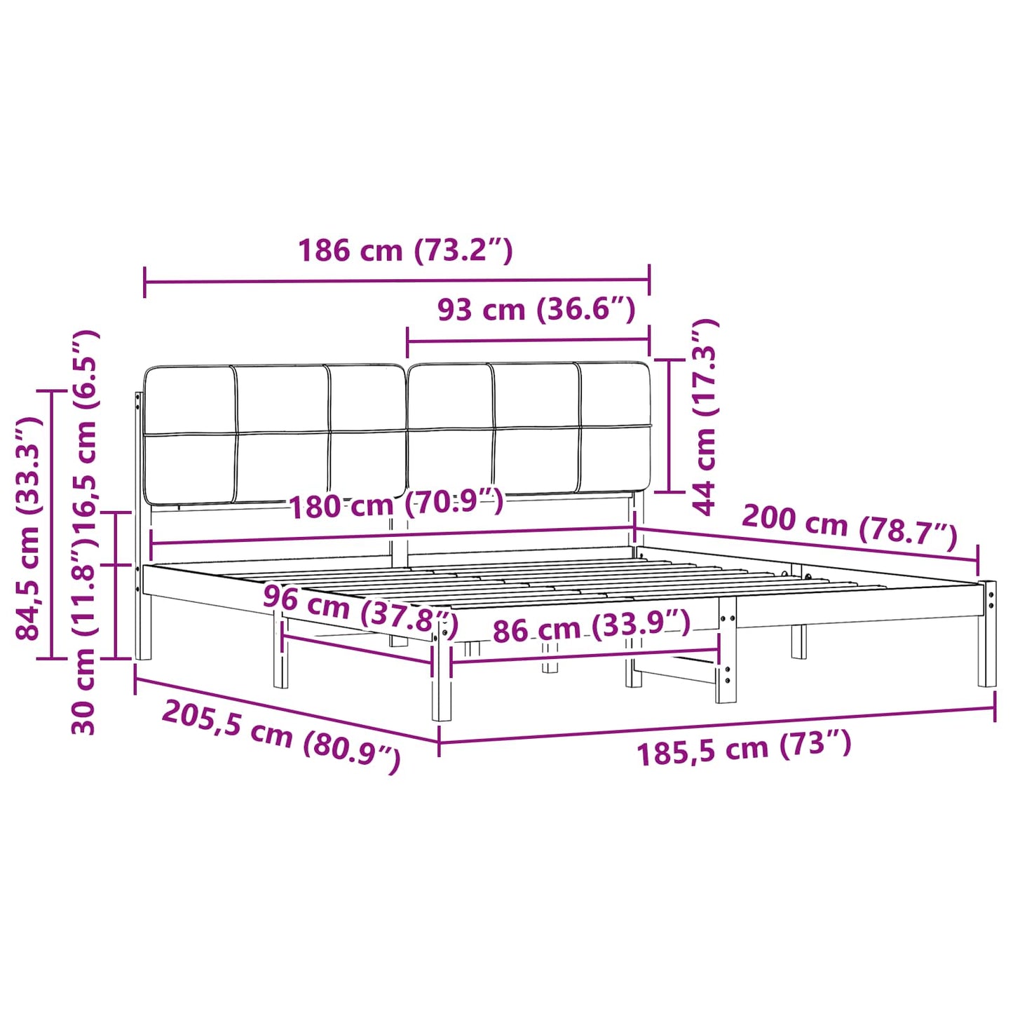 vidaXL Σκελετός Κρεβατιού με Επενδεδυμένο Κεφαλάρι Μαύρο 180 x 200 cm